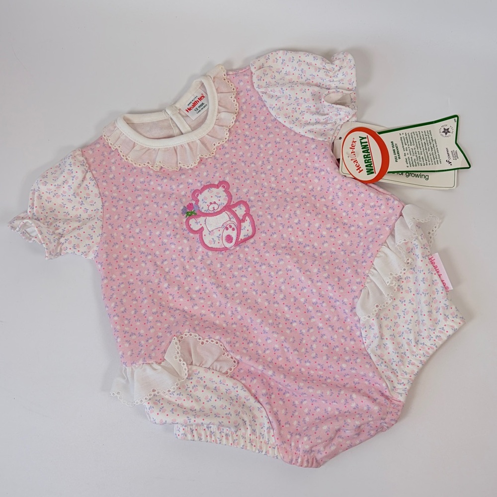 VTG NWT Swiss Dot Lace Trim Bear Onesie Floral Girly Vintage Outfit Health.tex